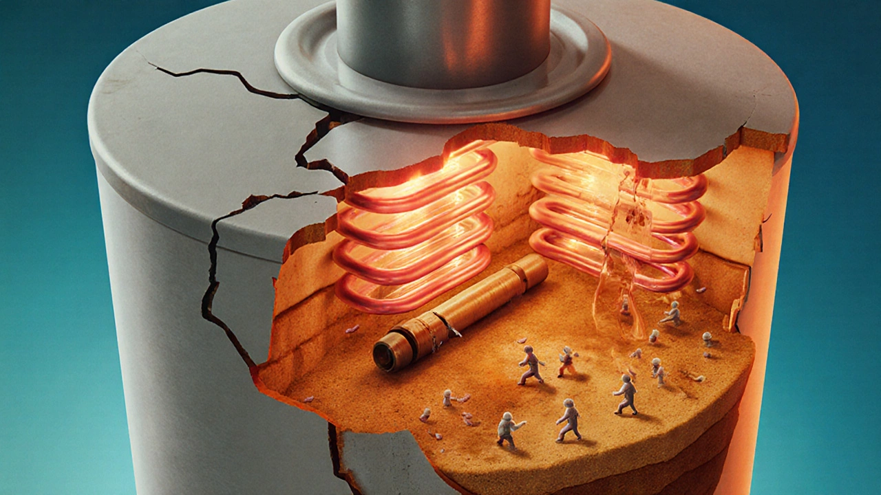 Cross-section of a corroded water heater with sediment and bacteria.