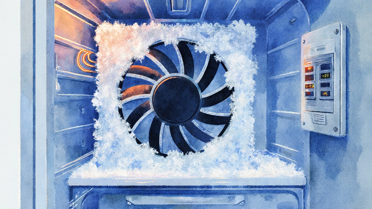 Cross-section of a freezer with ice blocking the evaporator fan and a glowing defrost heater.