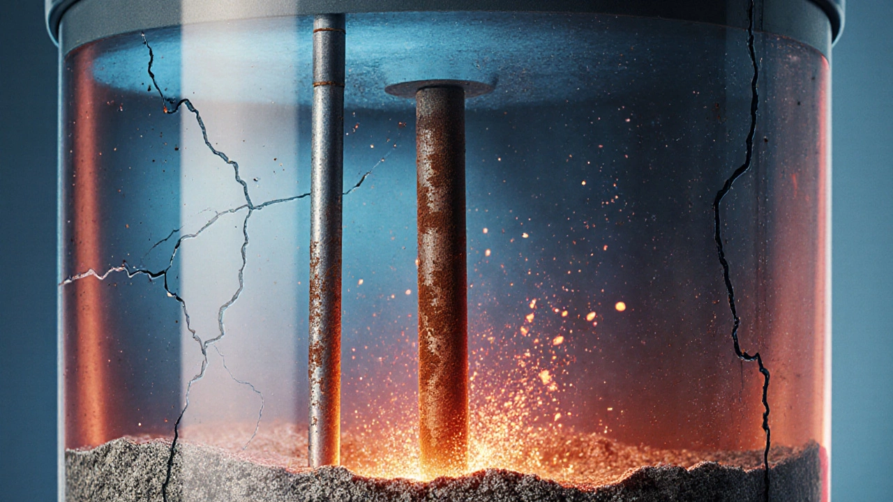 Cross-section of a water heater showing sediment, rust, and a failed heating element.