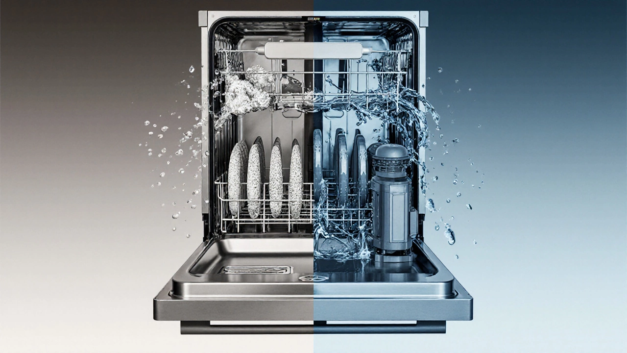 Cross-section of dishwasher showing mineral buildup clogging spray arms versus clean water flow.