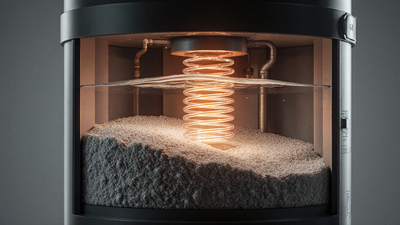 Cross-section of water heater tank showing mineral sediment blocking the heating element.