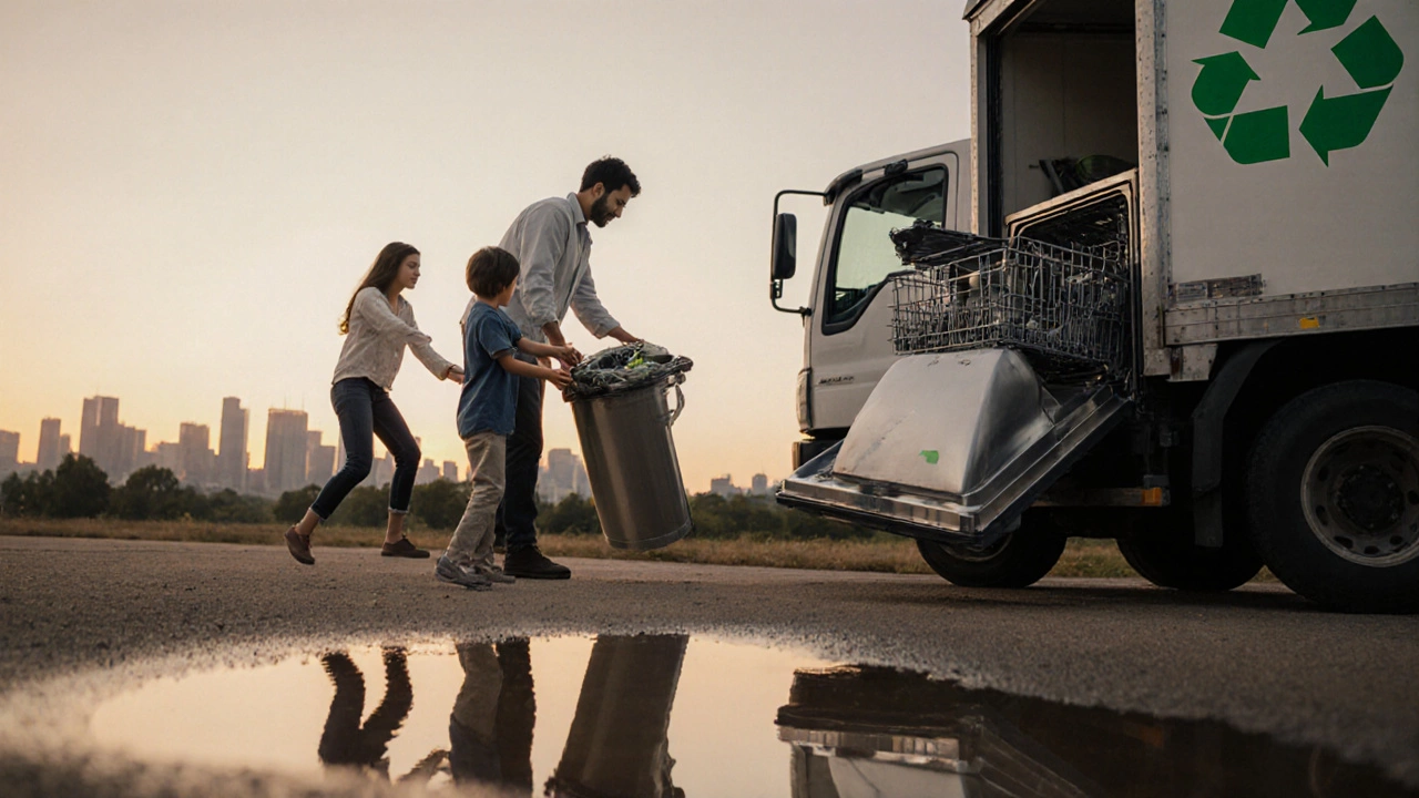 Family exchanging old dishwasher for a new one at a recycling center with environmental symbolism.