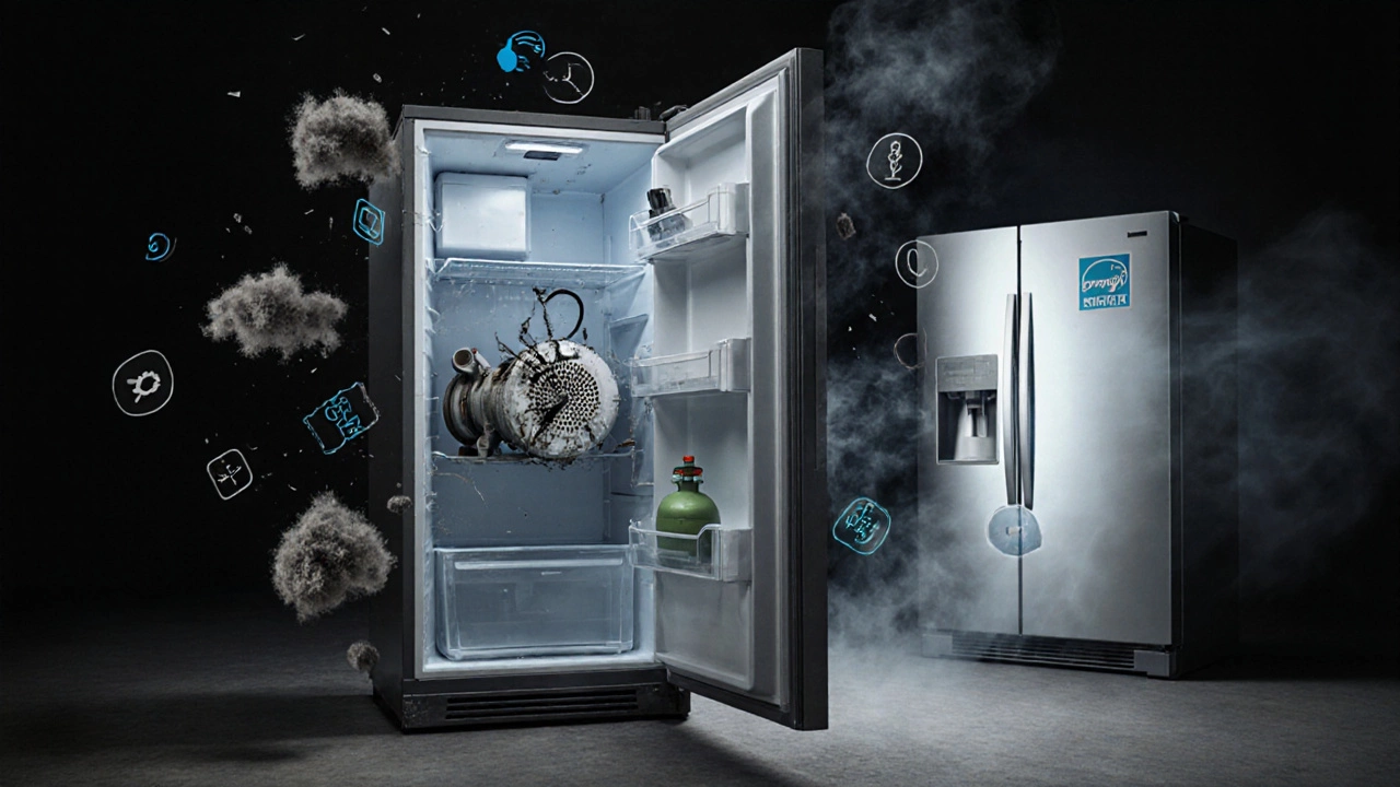 Old fridge with failing parts dissolving into smoke beside a modern energy-efficient model.