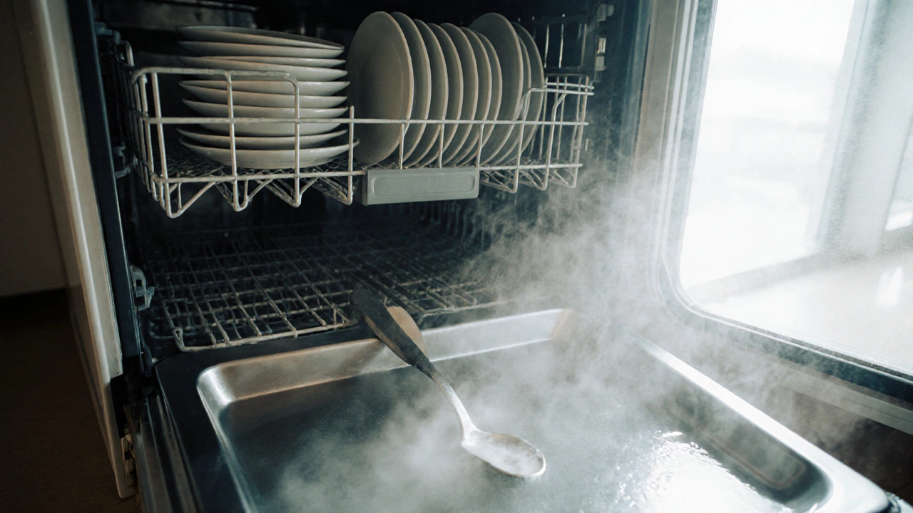 Standing water in dishwasher with spoon blocking the drain