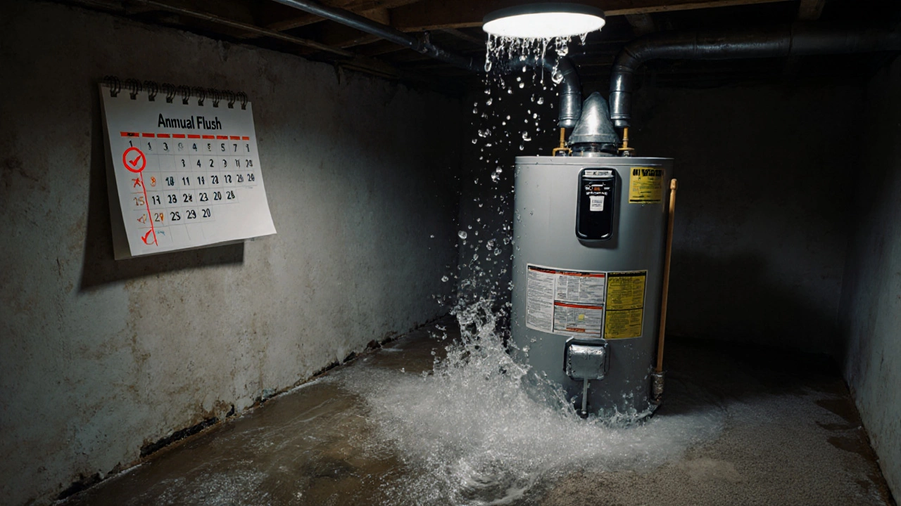 Water heater bursting and flooding a basement with damaged walls and floor.