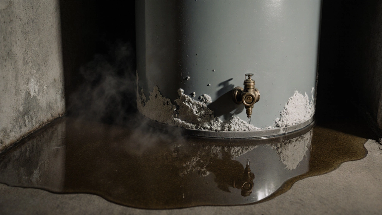 Water pooling under an aging water heater with mineral crusts.