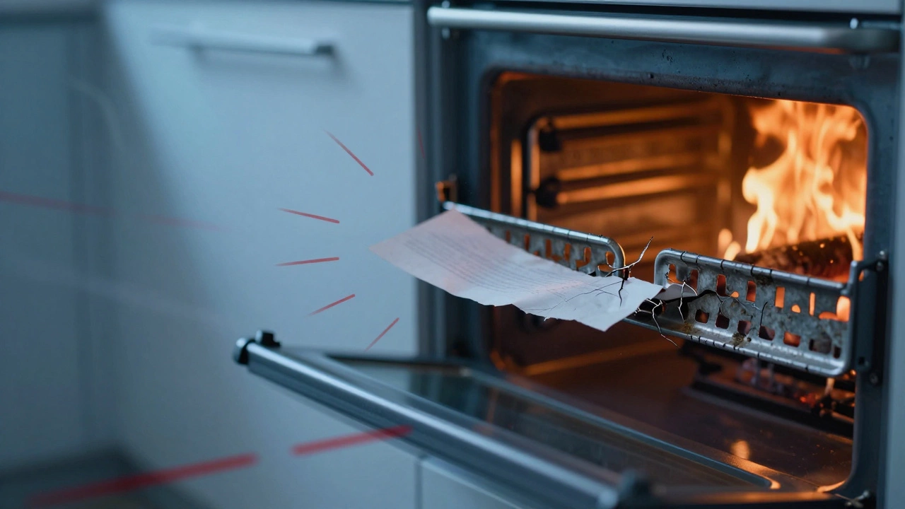 A broken oven door seal with paper easily pulled out, warning signs radiating, heat leaking from the oven.