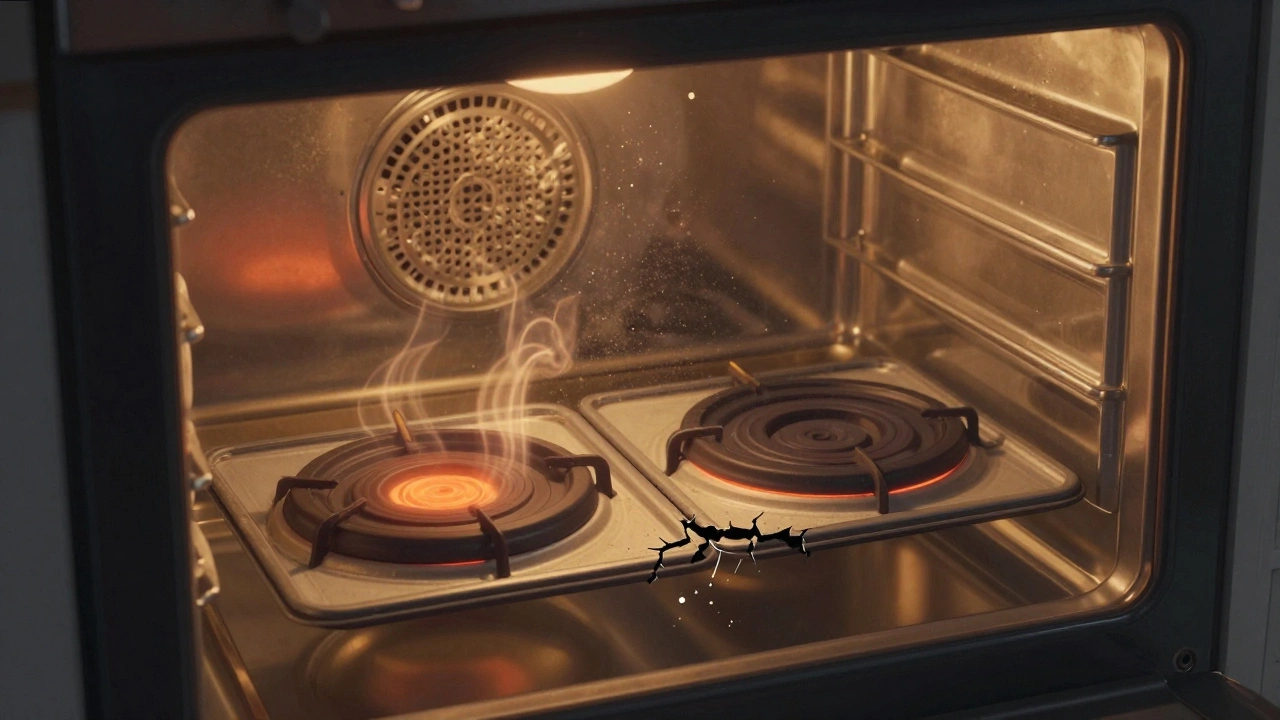 An electric oven with a cracked door seal and one heating element failing, heat escaping visibly.