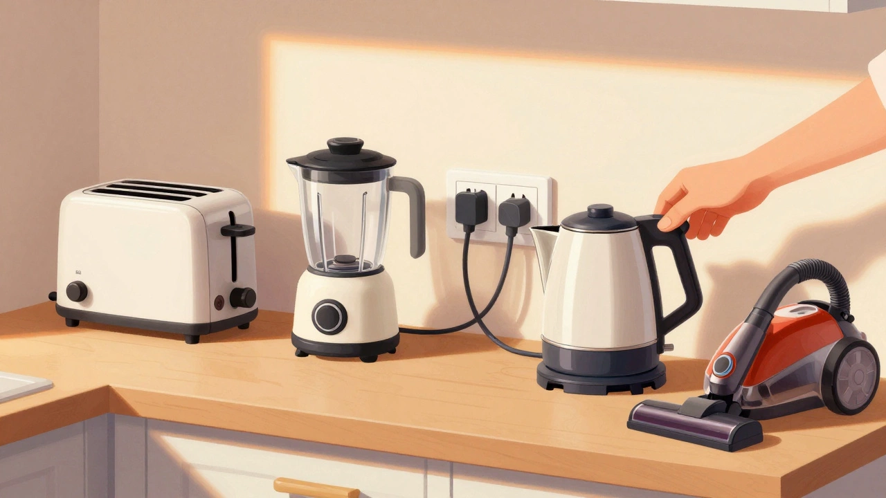 Countertop with toaster, kettle, and blender, one unplugged, in morning light.