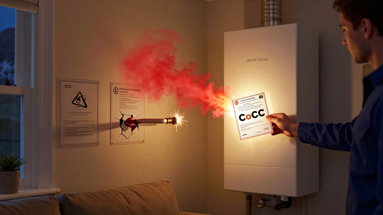 Cozy room with boiler and hidden dangers like gas leaks and missing compliance, fixed by a safety certificate.