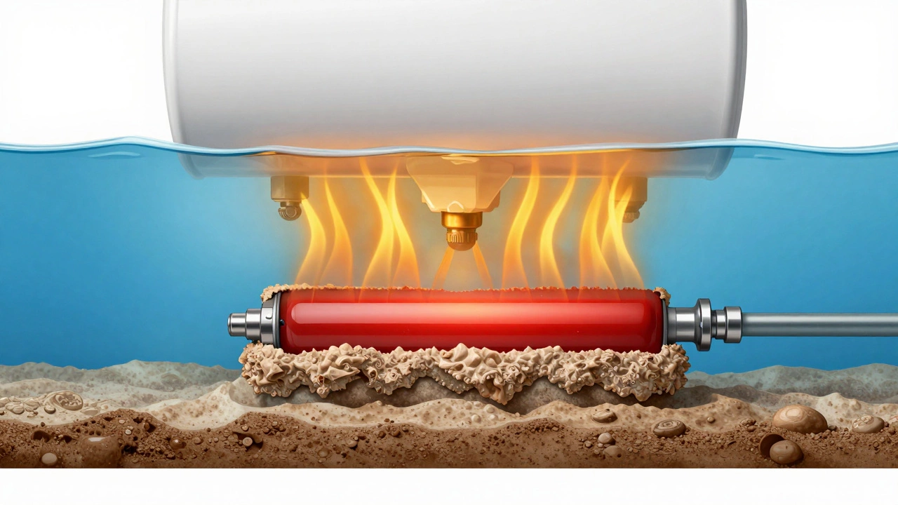Cross-section of water heater tank showing mineral buildup on heating element.