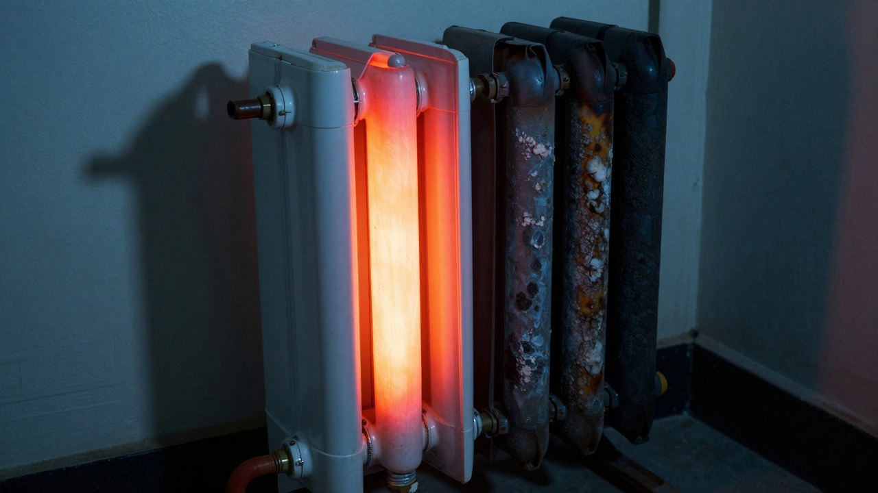 Electric water heater with one glowing and one burnt-out heating element.