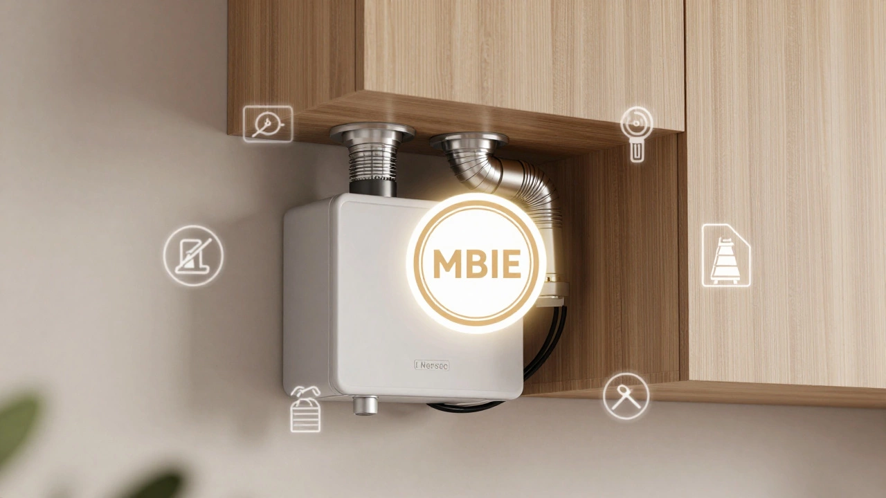 Gas heater integrated into cabinetry with safety labels and repair icons.