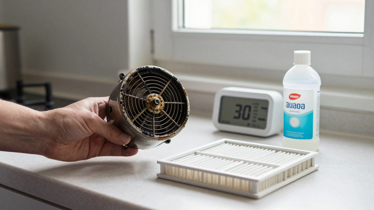 Hand holding a dirty grease filter beside a clean one and cleaning supplies.