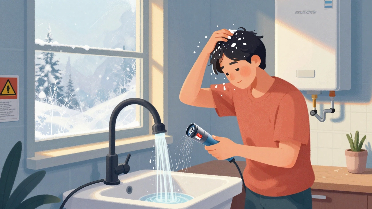 Homeowner using a portable heater at the sink to rinse hair, frost on window, boiler silent and labeled with safety warning.