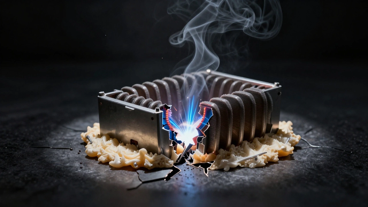 Internal arcing from a damaged oven element sparking to the metal casing.