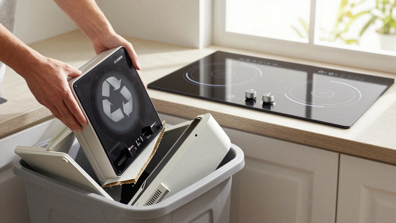 Old electric hob being recycled while a new induction hob glows in the background.