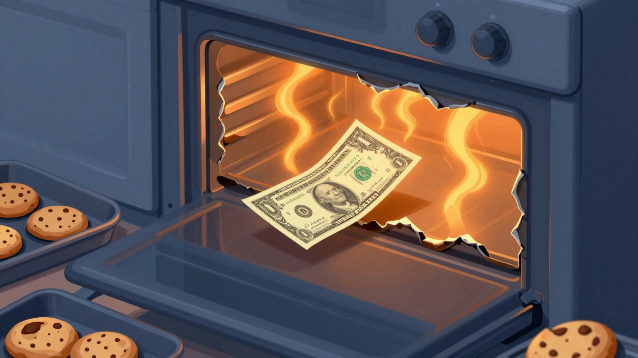 Oven door with a worn seal letting heat escape, a dollar bill slipping through the gap.