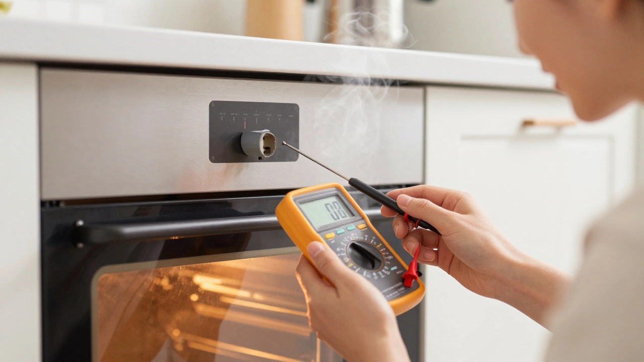 Person testing an oven temperature sensor with a multimeter in a kitchen setting.
