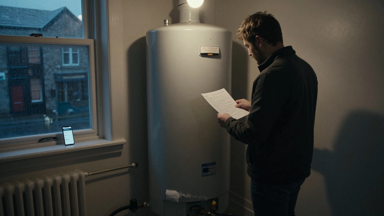 Renter standing beside a malfunctioning boiler in a rainy Wellington apartment, holding a repair request.