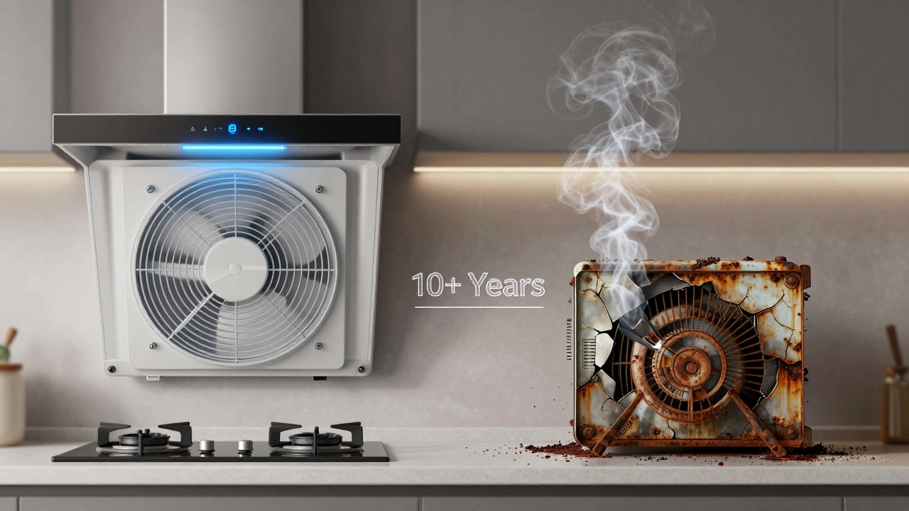 Side-by-side comparison of old failing fan and modern efficient fan.