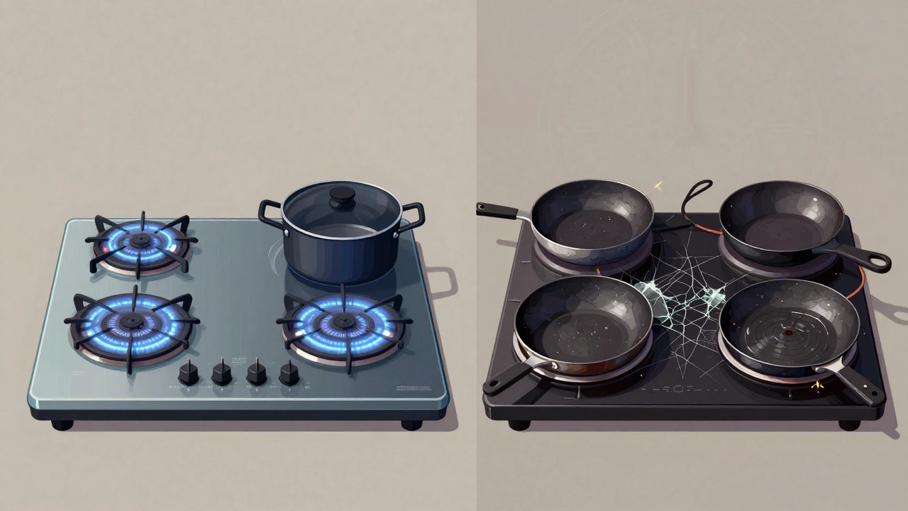 Side-by-side of a well-maintained electric hob versus a damaged one, showing wear versus care.