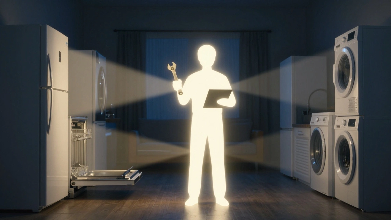 Silent hero technician connecting light beams to functioning home appliances in a dark room.