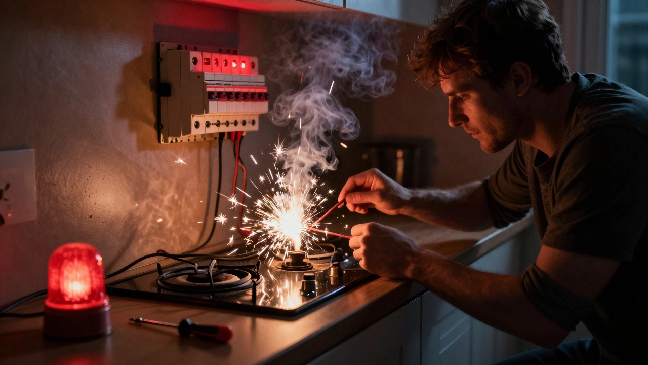 Sparks and smoke emerging from behind a kitchen hob as someone attempts unsafe DIY wiring.