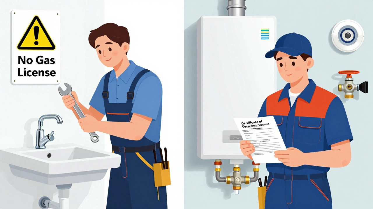 Split illustration comparing an unqualified plumber to a certified gas fitter installing a boiler.