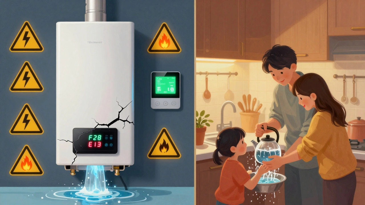 Split image: dangerous broken boiler on left, safe kettle-wash on right, smart thermostat glowing green in background.