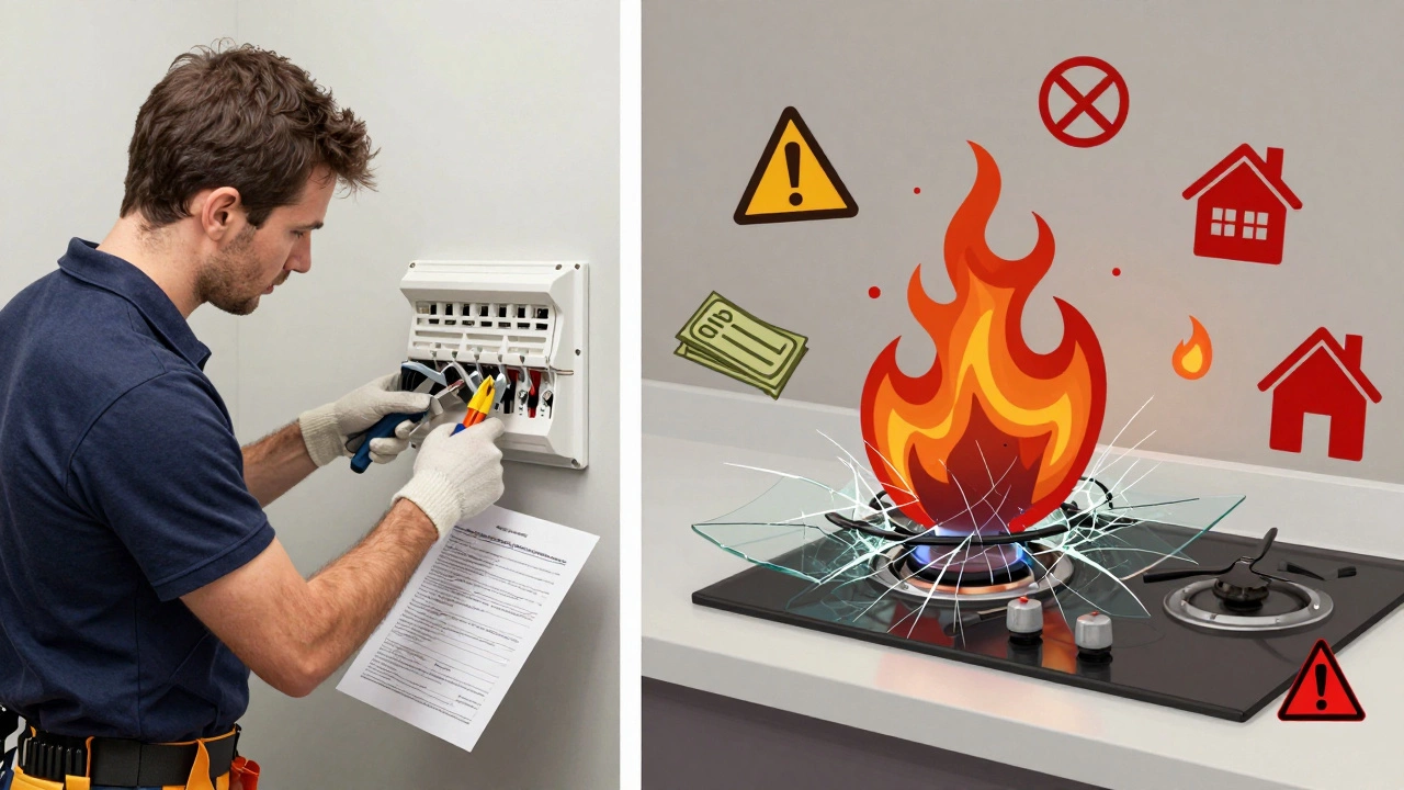 Split image: safe professional installation vs. dangerous DIY result with fire and warning symbols.
