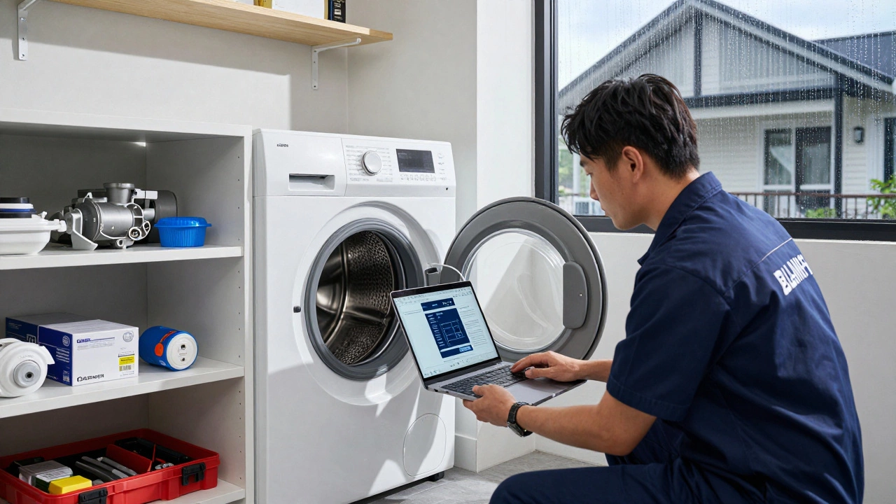 Technician diagnosing a washing machine with a laptop connected via Bluetooth in a workshop.