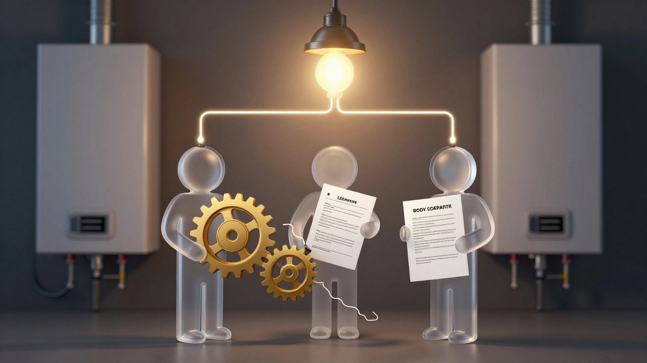 Three symbolic figures holding parts of a broken boiler, connected by glowing wires powering a warm light.