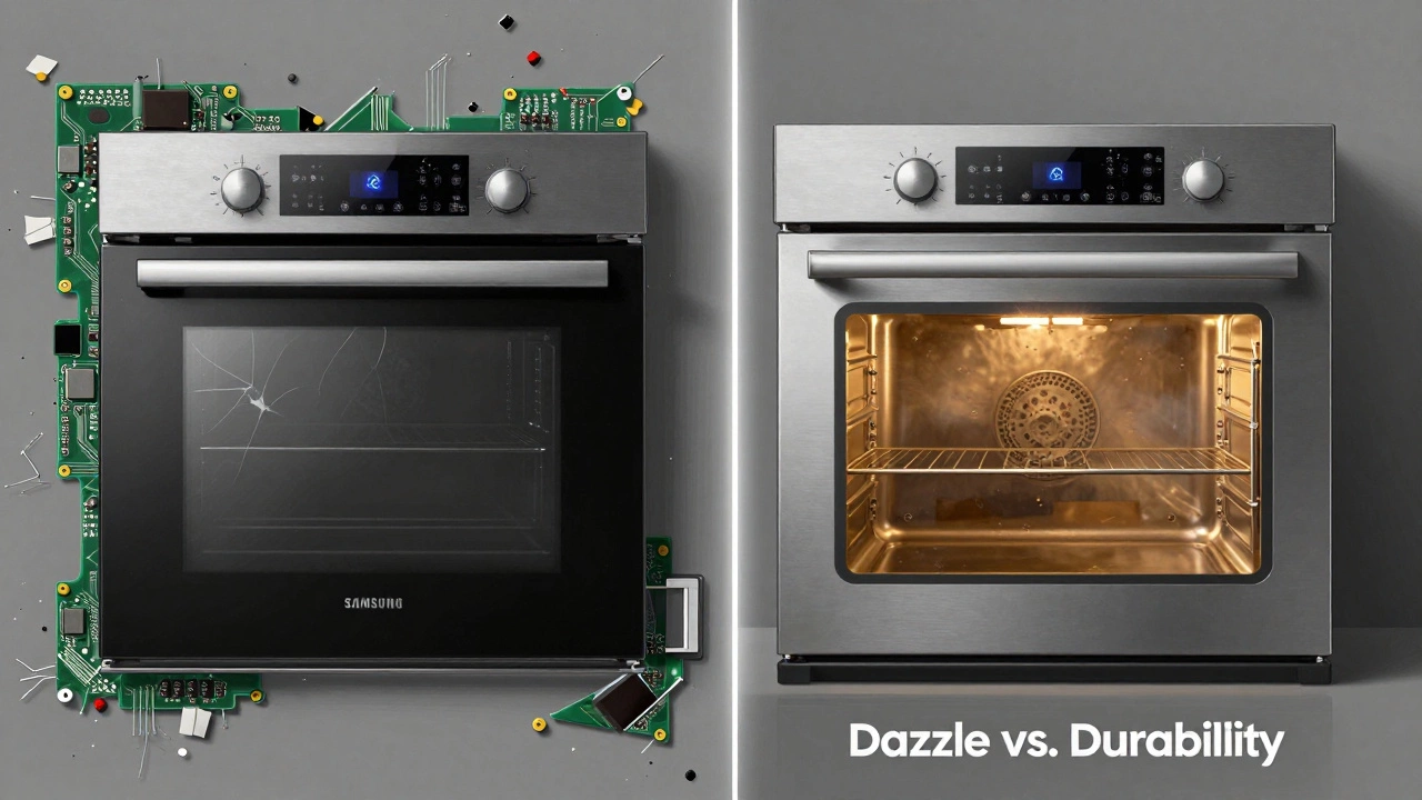 A conceptual contrast between a failing modern oven and a durable traditional oven, symbolizing simplicity versus complexity.