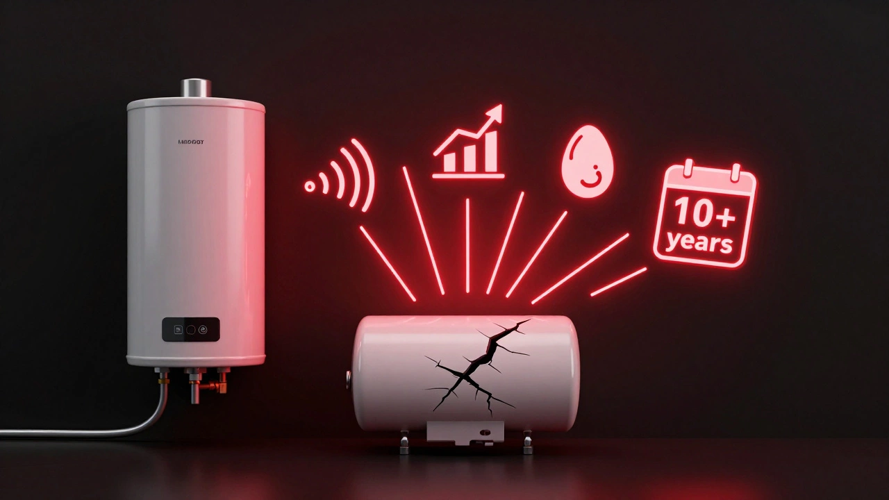 A failing water heater emitting warning signals represented by glowing red lines and icons.