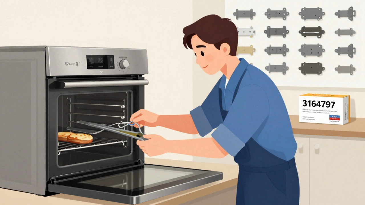 A technician replacing a bake element in a GE Profile oven with standardized repair parts visible nearby.