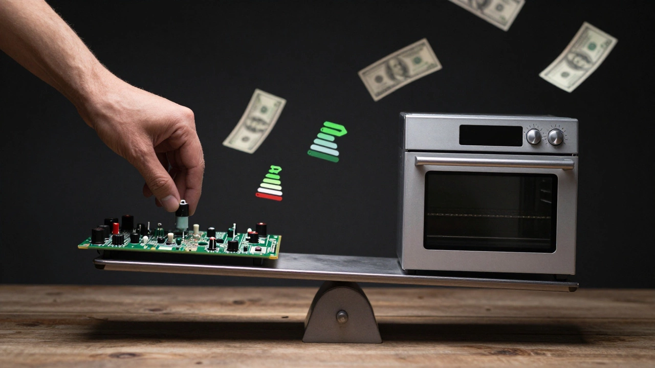 A worn control board weighed against a new oven, with money and energy icons floating around.