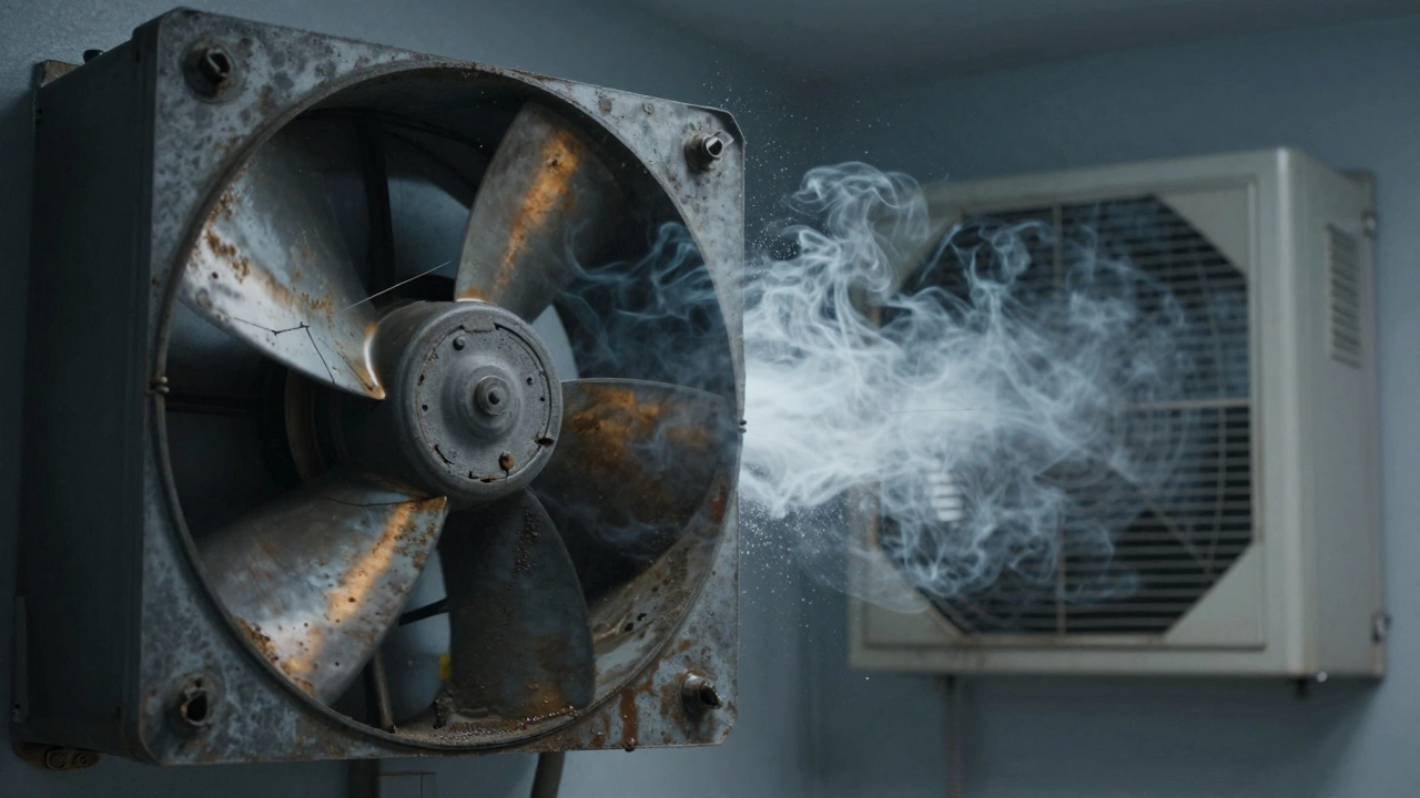 Broken greasy fan blade next to a clean new fan, showing failure vs. repair.
