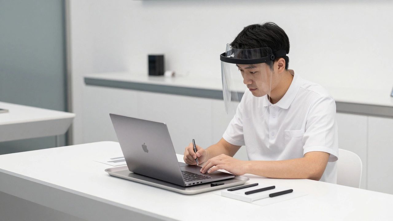 Certified technician working on a laptop in a clean, secure repair center.