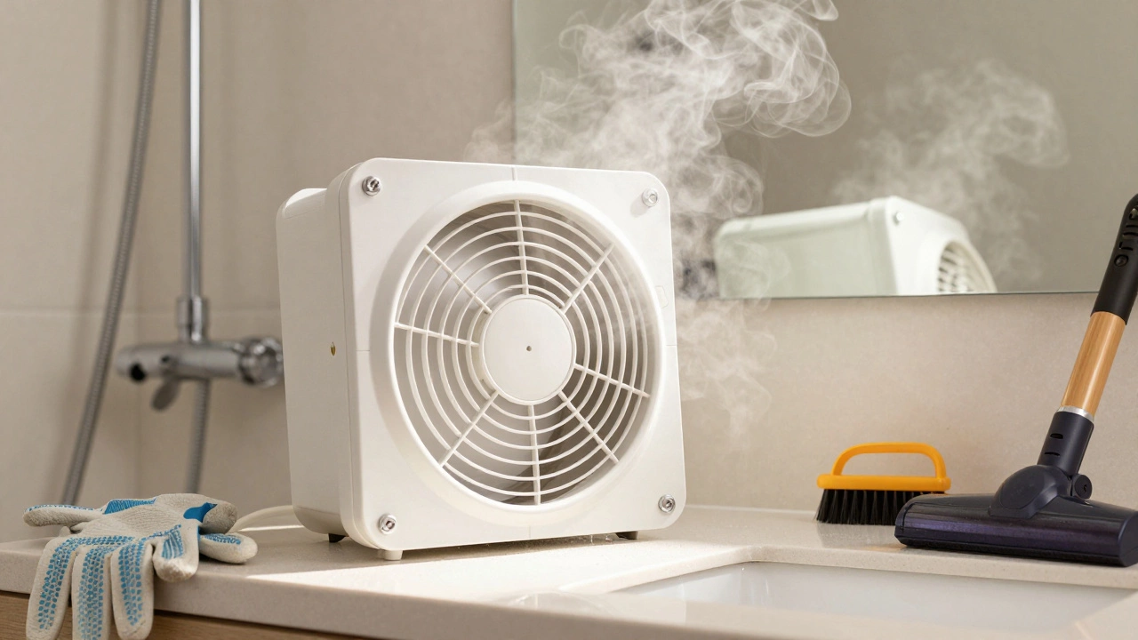 Clean extractor fan with clear mirror and steam rising, symbolizing proper ventilation.