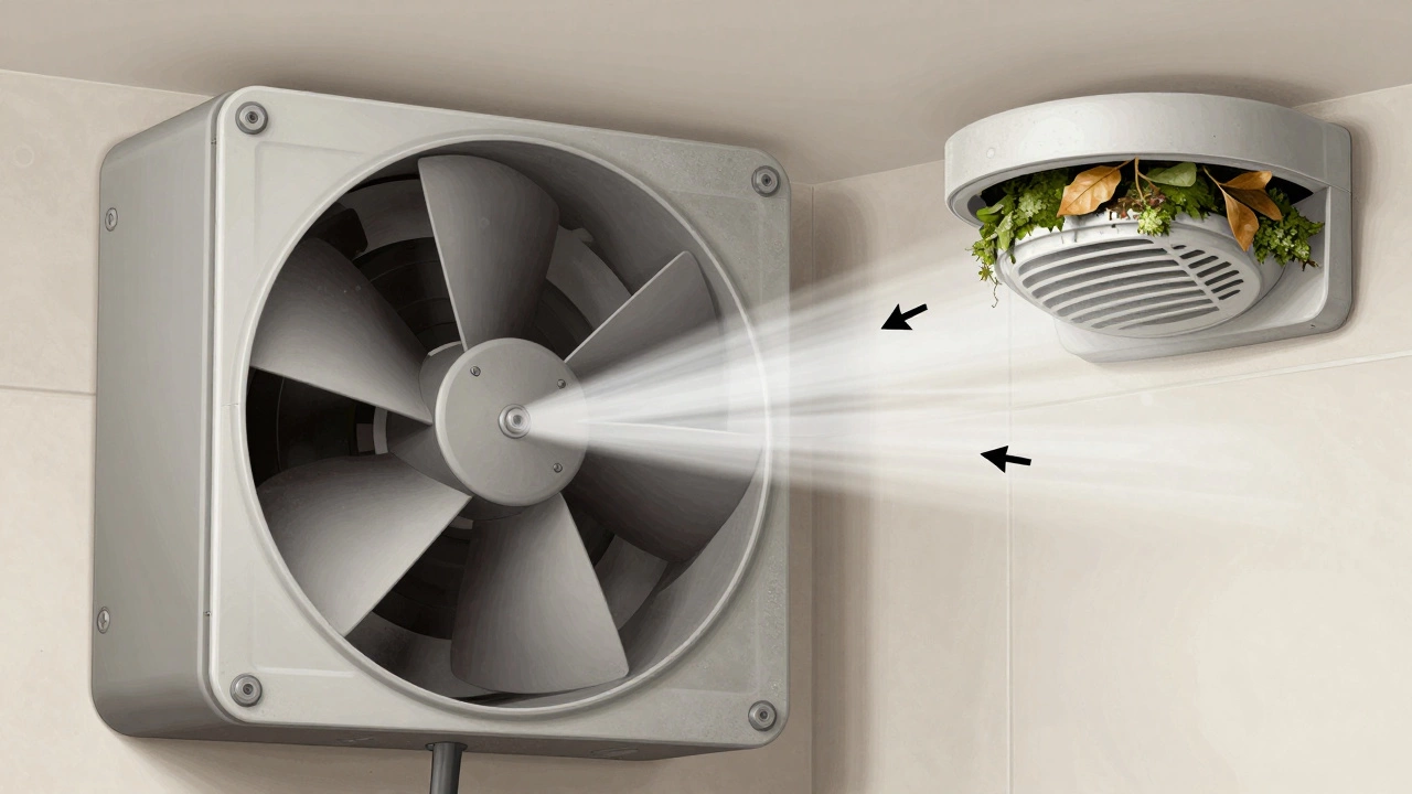 Cross-section diagram showing dust buildup and blocked airflow in a bathroom fan system.