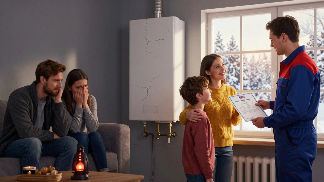 Family in cold room vs. same family warm beside serviced boiler.