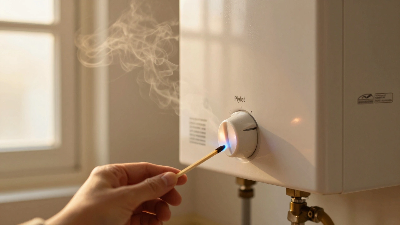 Gas water heater pilot light being reignited with a match in a cozy kitchen-laundry space.