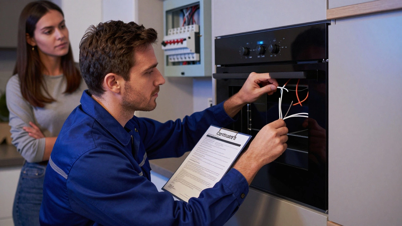 Licensed electrician making the final electrical connection for a new oven with a Certificate of Compliance.