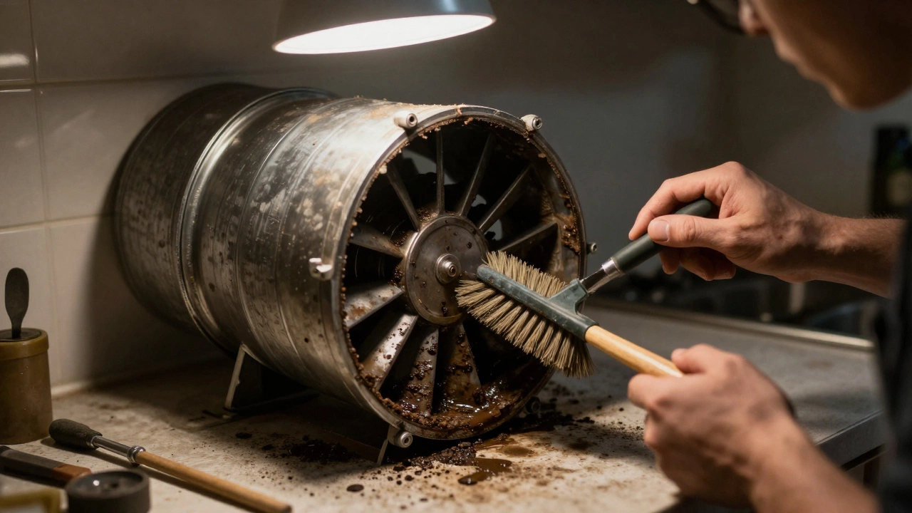 Person cleaning grease buildup from a kitchen exhaust duct with a brush.