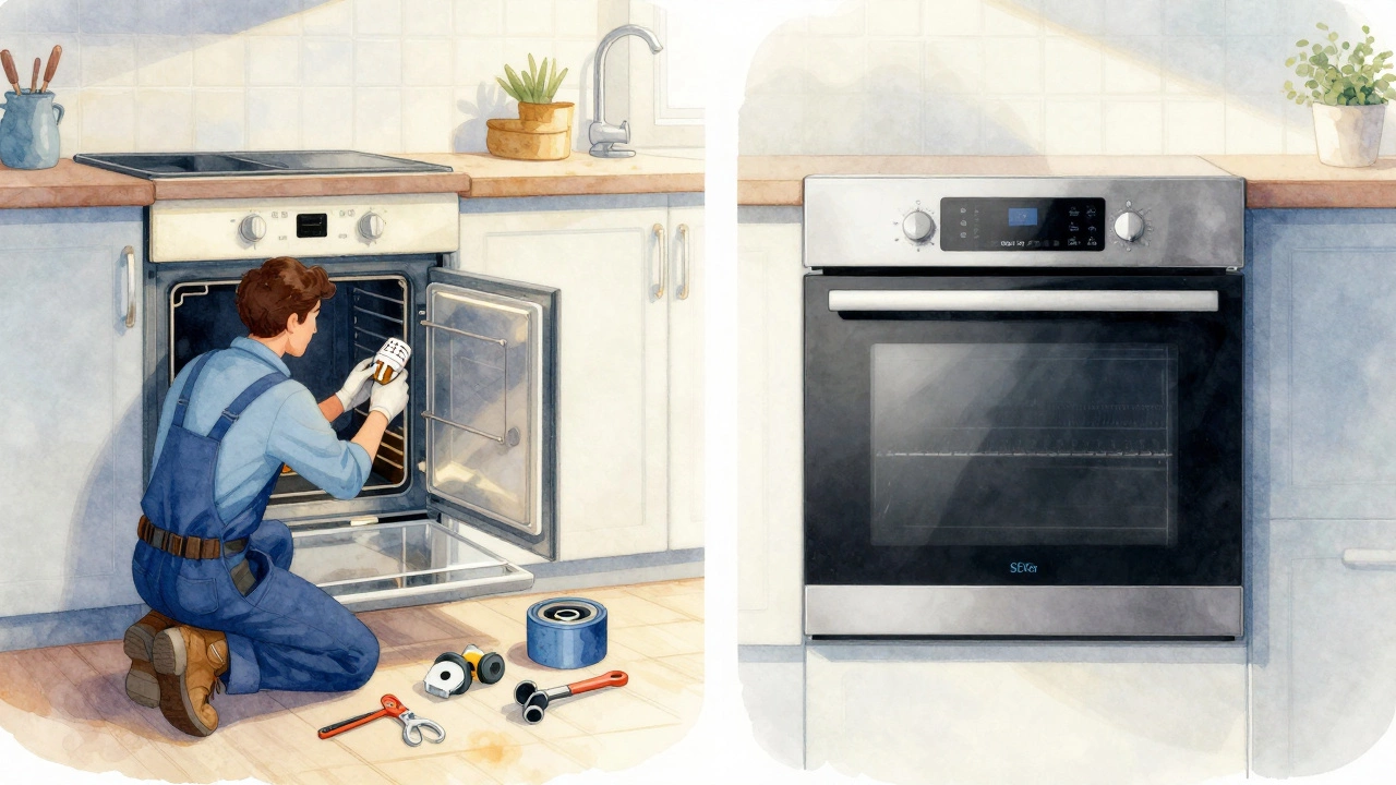 Split illustration comparing an old oven being repaired with a modern energy-efficient model.
