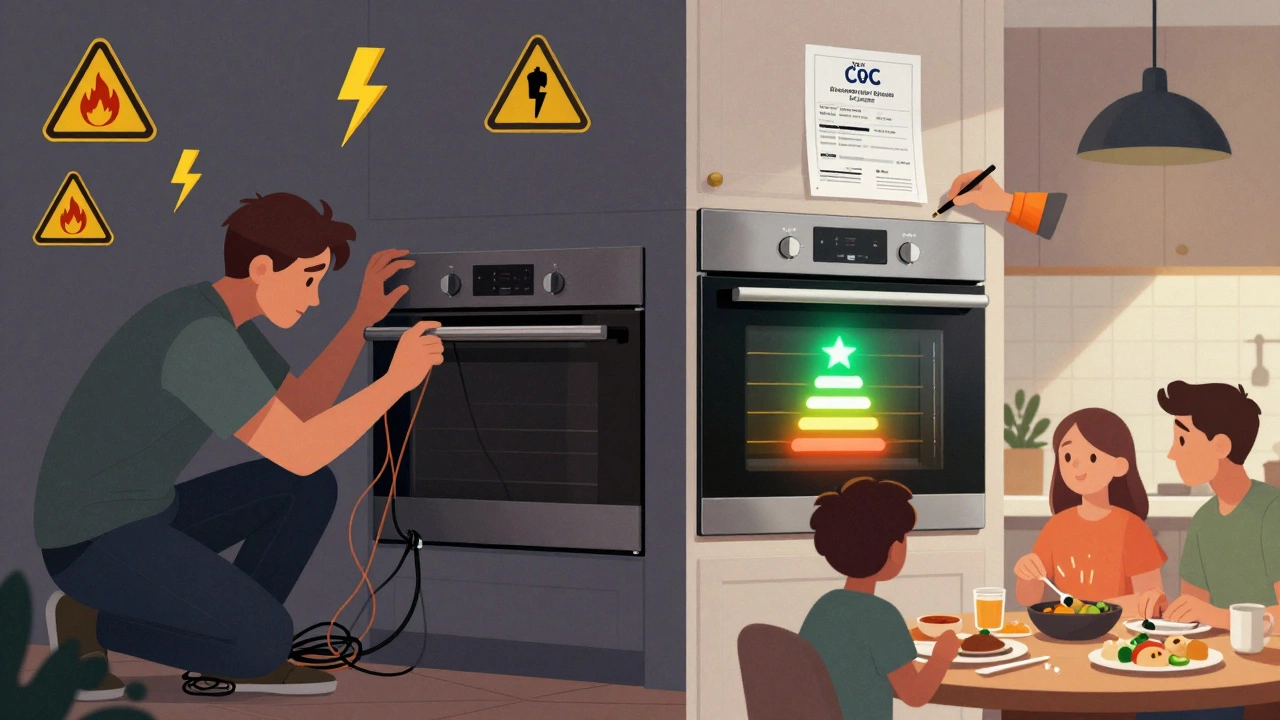 Split image contrasting dangerous DIY oven installation with safe professional installation.