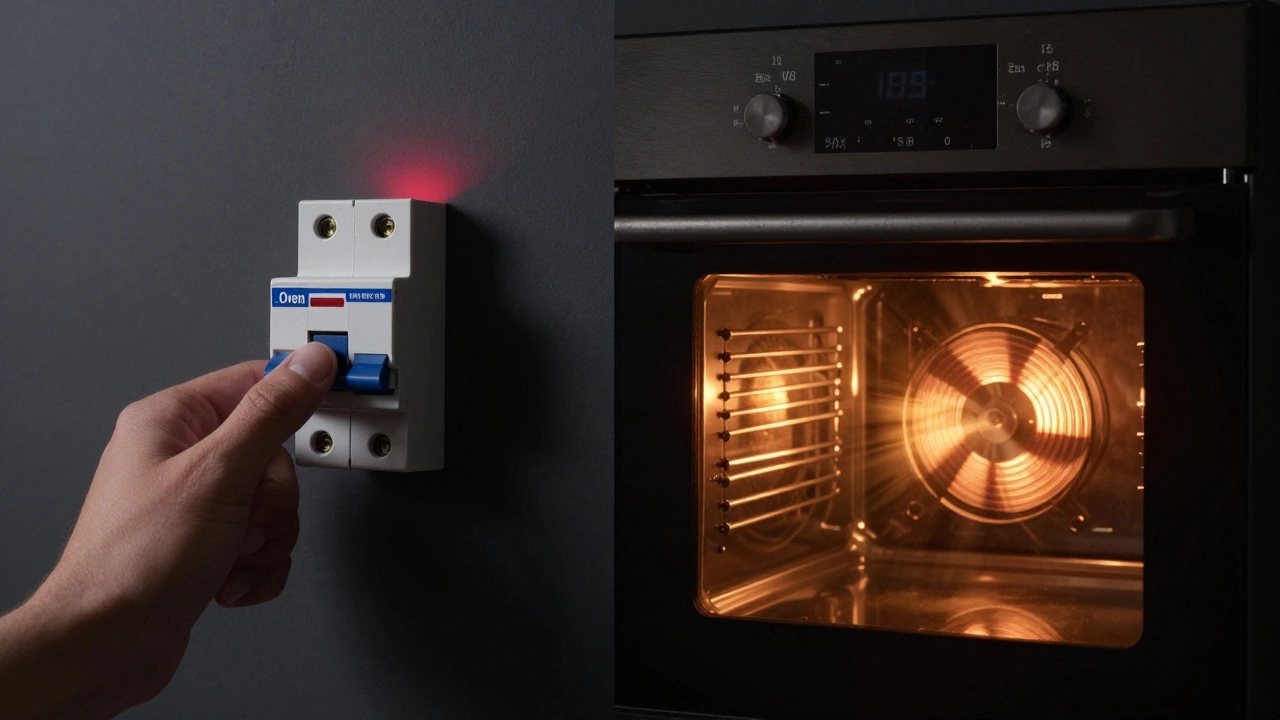 Split image: hand turning off circuit breaker on left, new oven glowing on right, dramatic lighting.