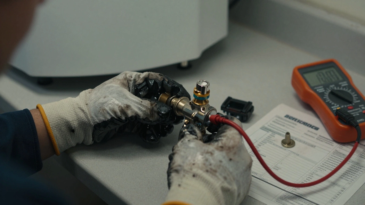 Technician's hands replacing a pressure valve on a Vaillant boiler.