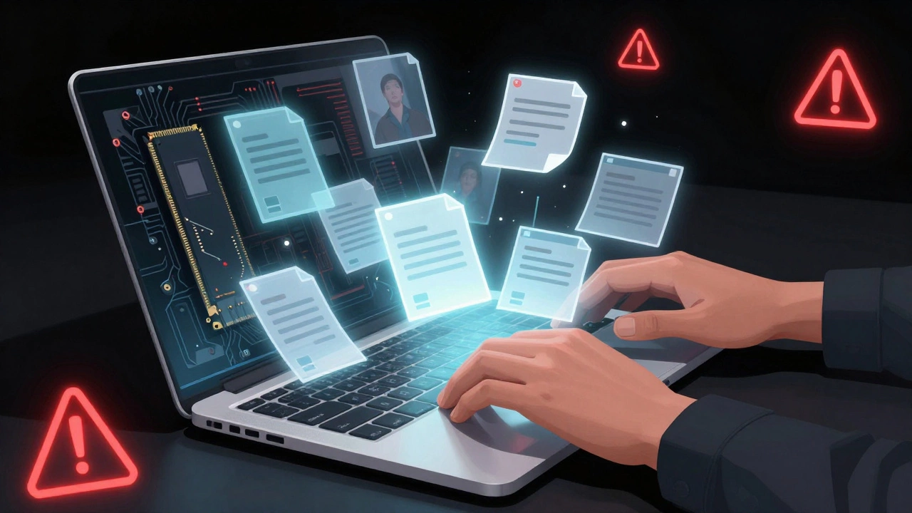 Transparent laptop showing floating personal files near a technician's hands.